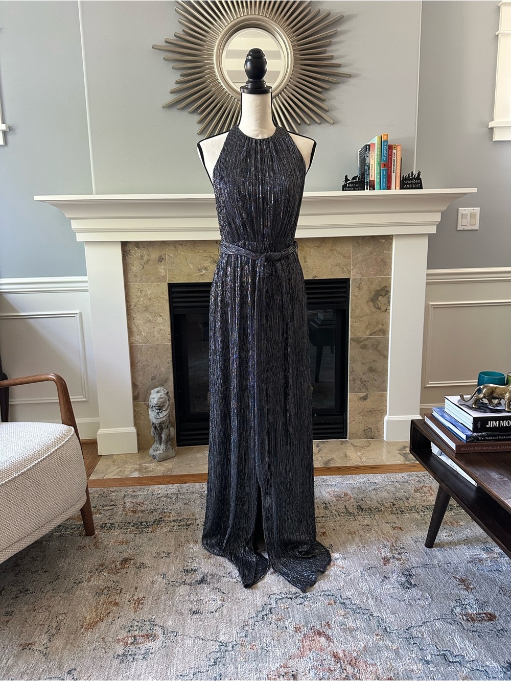 NWT Halston Heritage Metallic Charcoal Halter Maxi Dress